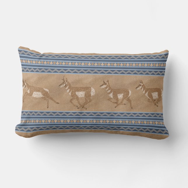 Southwest Pronghorn Antelopes Blue & Brown Border Lumbar Pillow (Front)