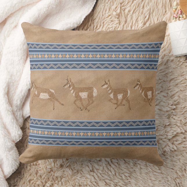 Southwest Pronghorn Antelopes Blue & Brown Border Throw Pillow (Blanket)