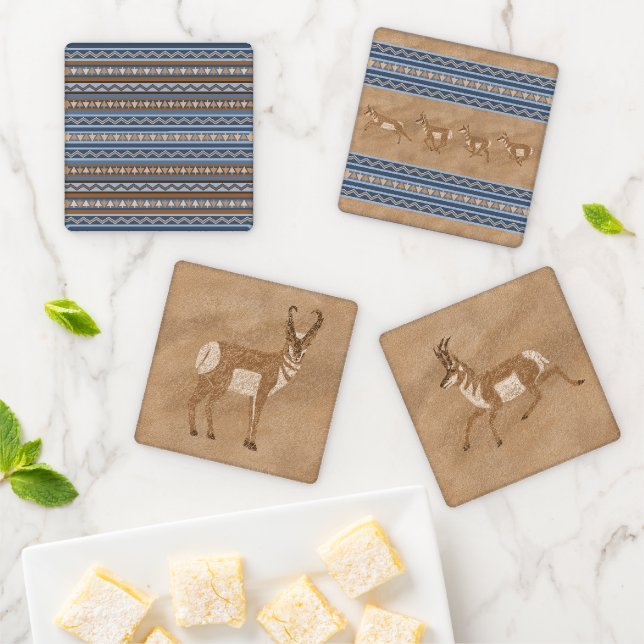 Southwest Pronghorn Antelopes Geometric Border Coaster Set (In Situ)