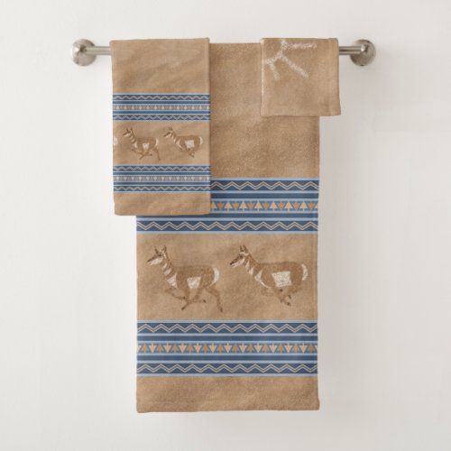Southwest Pronghorn Antelopes Sun Icon Blue Border Bath Towel Set