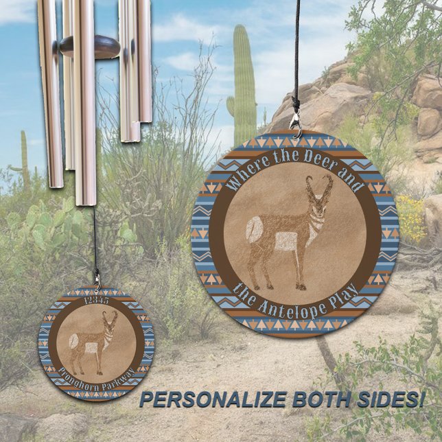 Southwest Pronghorn Geometric Design Personalized Wind Chime (Personalize these wind chimes for home or garden with text on both sides of the Pronghorn design.)