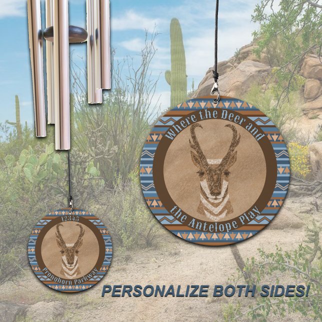 Southwest Pronghorn Geometric Design Personalized Wind Chime (Personalized Wind Chimes with your name, address or text on a blue and tan Pronghorn Antelope Design)
