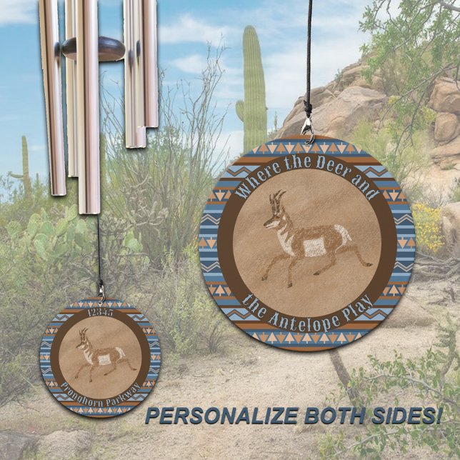 Southwest Pronghorn Geometric Design Personalized Wind Chime (Personalized Wind Chimes on a southwest style geometric pattern with a running Pronghorn antelope)
