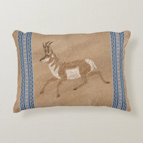 Southwest Pronghorn Running Antelope Blue Border Accent Pillow