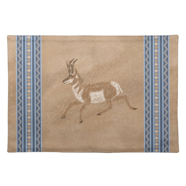 Southwest Pronghorn Running Antelope Blue Border  Cloth Placemat (Front)