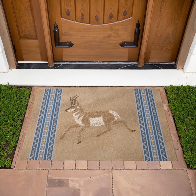 Southwest Pronghorn Running Antelope Blue Border  Doormat (Outdoor)