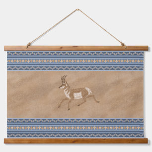 Southwest Pronghorn Running Antelope Blue Border Hanging Tapestry