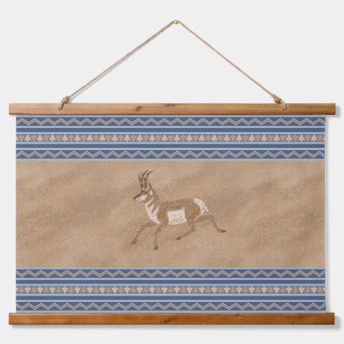 Southwest Pronghorn Running Antelope Blue Border Hanging Tapestry