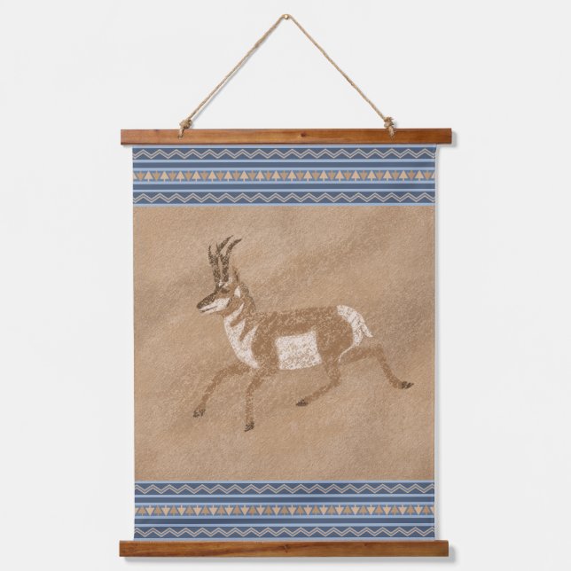 Southwest Pronghorn Running Antelope Blue Border Hanging Tapestry (Front)