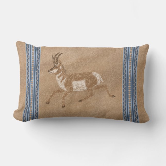 Southwest Pronghorn Running Antelope Blue Border Lumbar Pillow (Front)