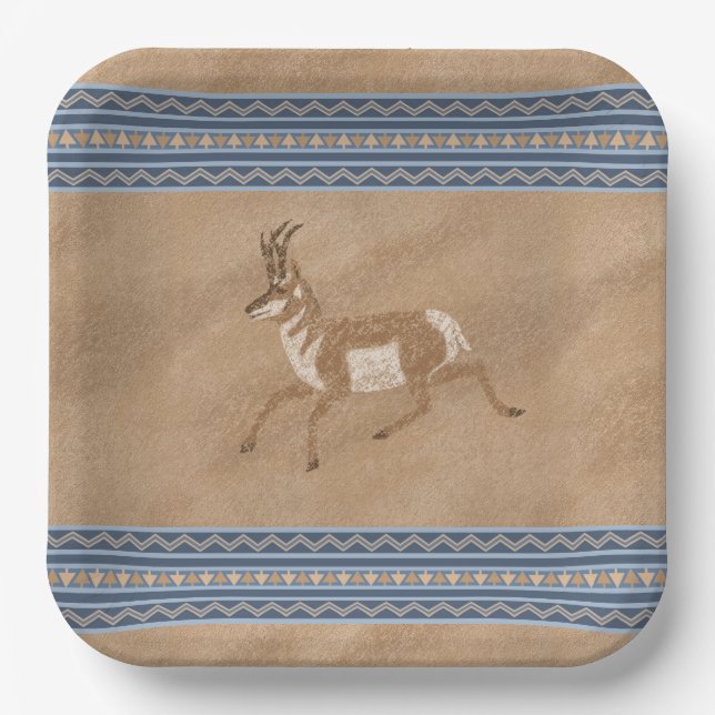 Southwest Pronghorn Running Antelope Blue Border Paper Plates (Front)