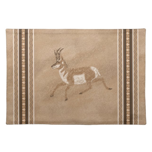 Southwest Pronghorn Running Antelope Brown Border Cloth Placemat (Front)