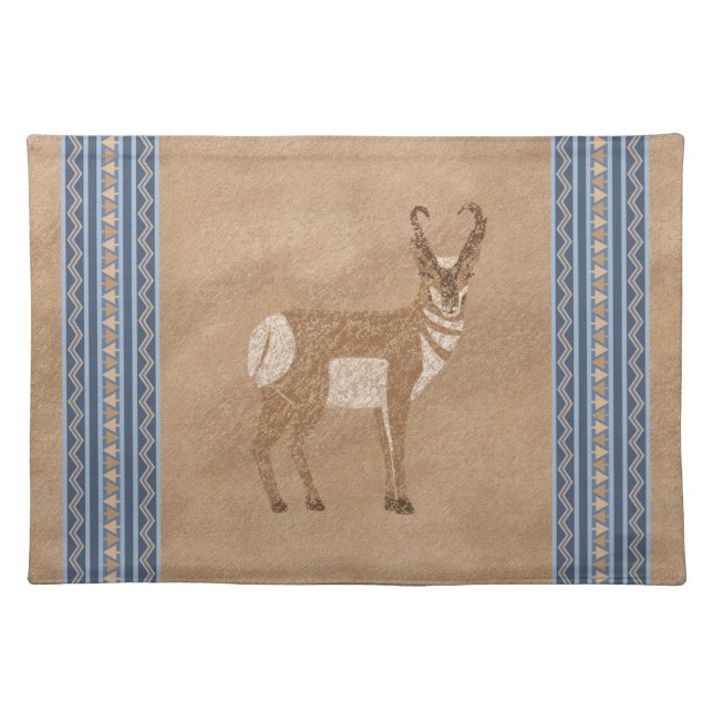 Southwest Pronghorn Standing Antelope Blue Border  Cloth Placemat (Front)