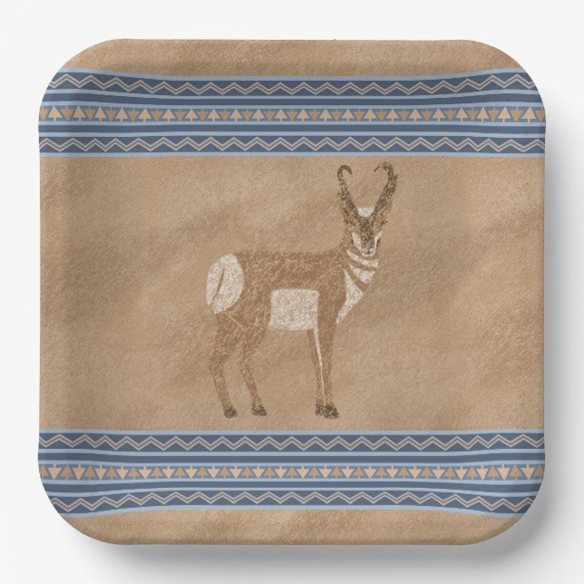 Southwest Pronghorn Standing Antelope Blue Border Paper Plates (Front)