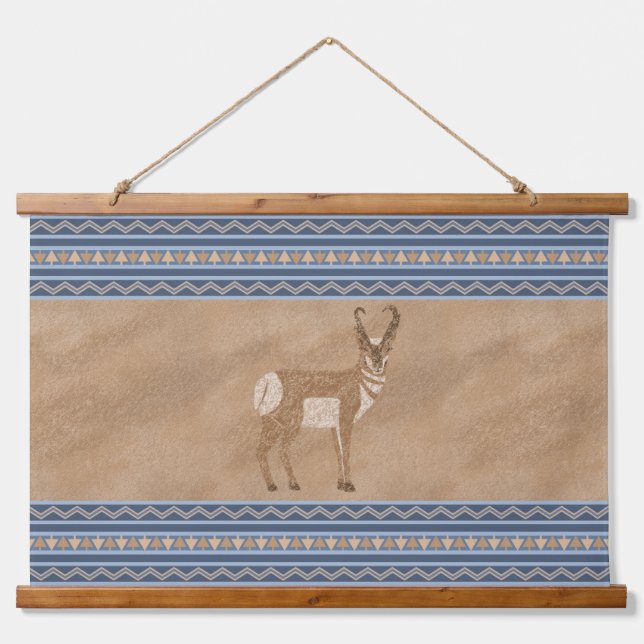 Southwest Pronghorn Standing Antelope Blue Borders Hanging Tapestry (Front)