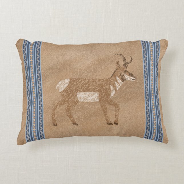 Southwest Pronghorn Walking Antelope Blue Border Accent Pillow (Front)