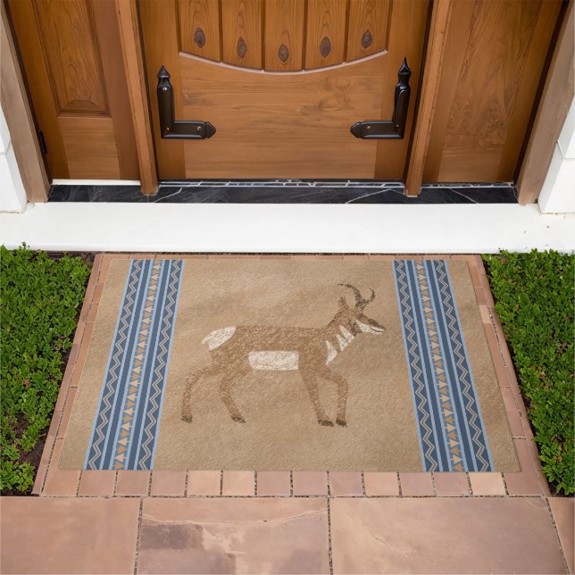 Southwest Pronghorn Walking Antelope Blue Border Doormat (Outdoor)