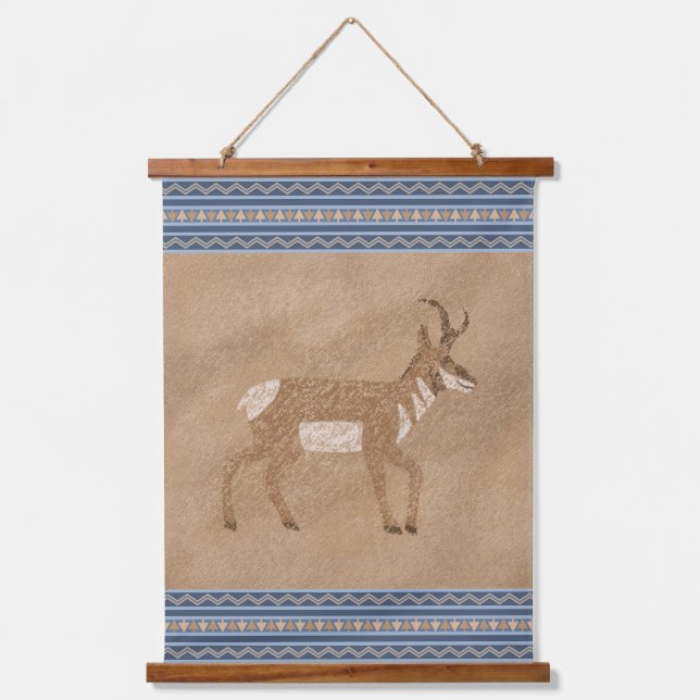 Southwest Pronghorn Walking Antelope Blue Border Hanging Tapestry (Front)