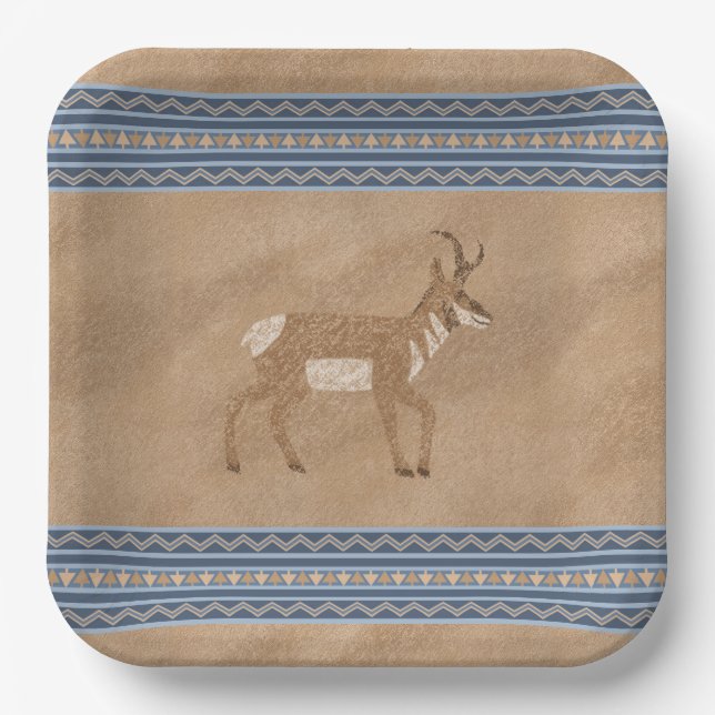 Southwest Pronghorn Walking Antelope Blue Border Paper Plates (Front)