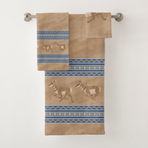 Southwest Pronghorns Running Antelope Blue Border Bath Towel Set