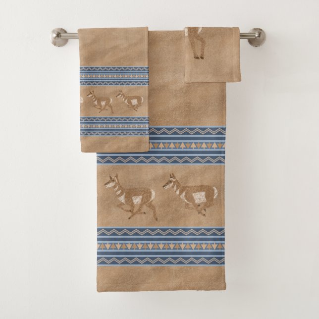 Southwest Pronghorns Walking Antelope Blue Border Bath Towel Set (Insitu)