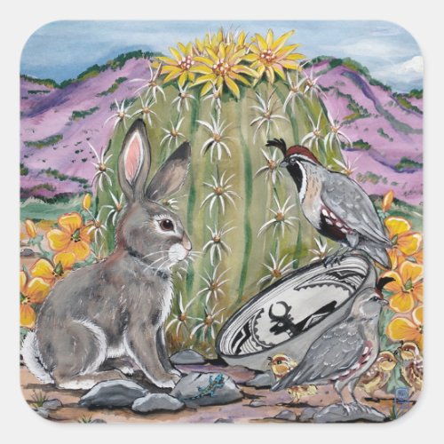Southwest Rabbit Animal Cactus Art  Square Sticker