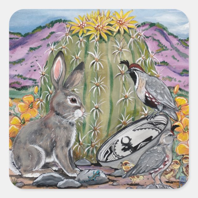 Southwest Rabbit Animal Cactus Art  Square Sticker (Front)