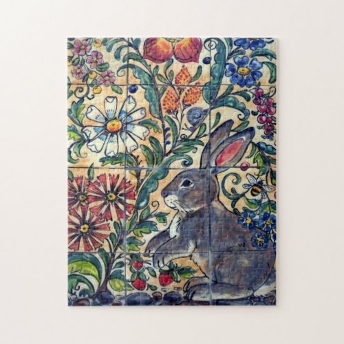 Southwest Rabbit Garden Tile Colorful Flowers Folk Jigsaw Puzzle