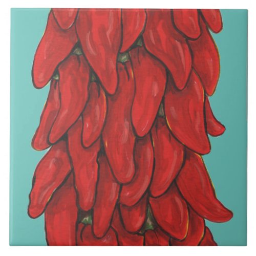 Southwest Red Chili Pepper Ristra Middle Turquoise Ceramic Tile