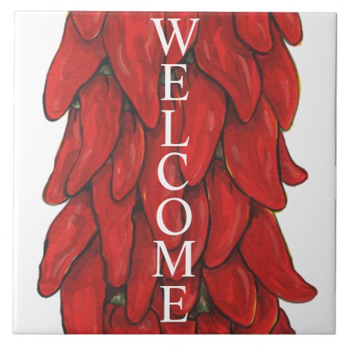 Southwest Red Chili Pepper Ristra Welcome Middle Ceramic Tile