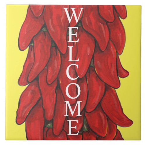 Southwest Red Chili Pepper Ristra Welcome Yellow Ceramic Tile