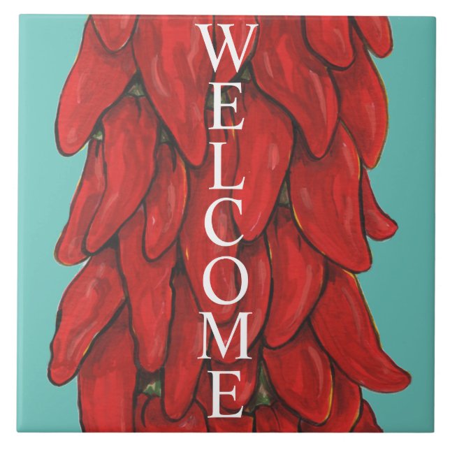 Southwest Red Chili Pepper Sign Welcome Turquoise Ceramic Tile (Front)