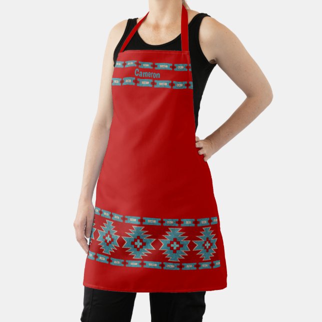 Southwest Red & Turquoise Geometric Personalized Apron (Insitu)