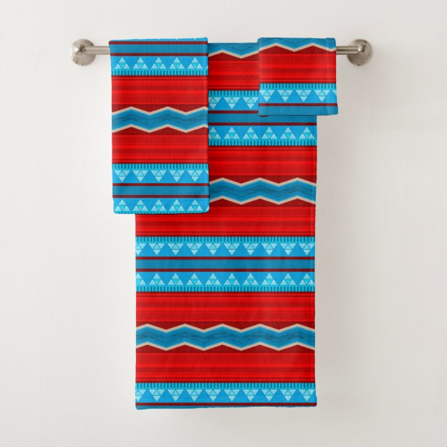 Southwest River Canyon Geometric Red Turquoise Bath Towel Set (Insitu)