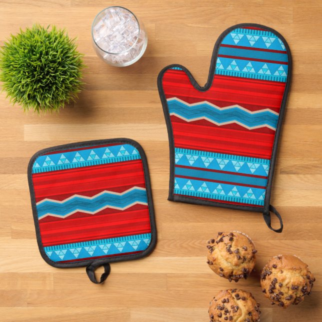Southwest River Canyon Geometric Red Turquoise Oven Mitt & Pot Holder Set (Top Down)