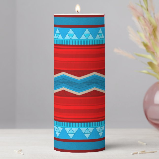 Southwest River Canyon Geometric Red & Turquoise Pillar Candle (In Situ)