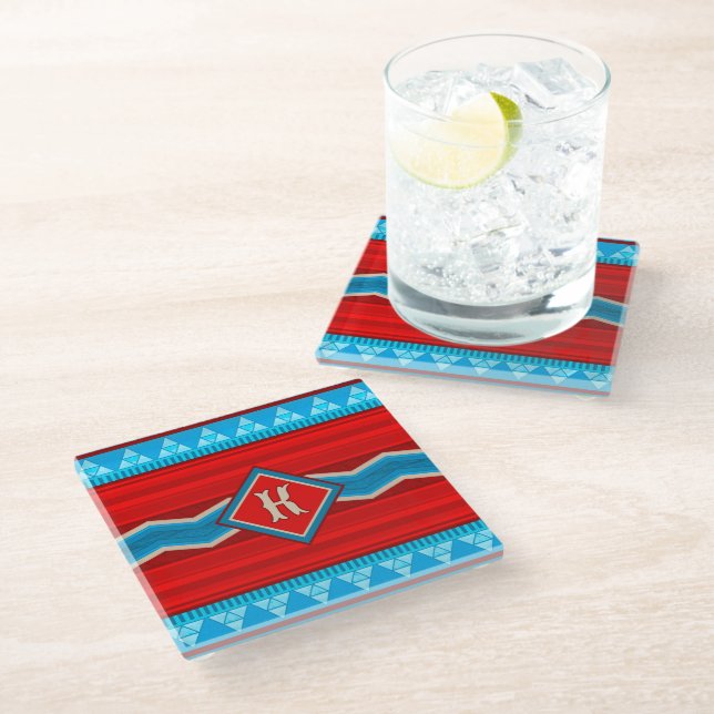 Southwest River Canyon Red Turquoise Monogram Glass Coaster (Angled)