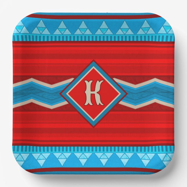 Southwest River Canyon Red Turquoise Monogrammed Paper Plates (Front)