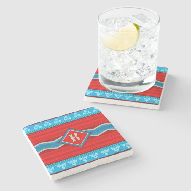 Southwest River Canyon Red Turquoise Monogrammed Stone Coaster (Side)