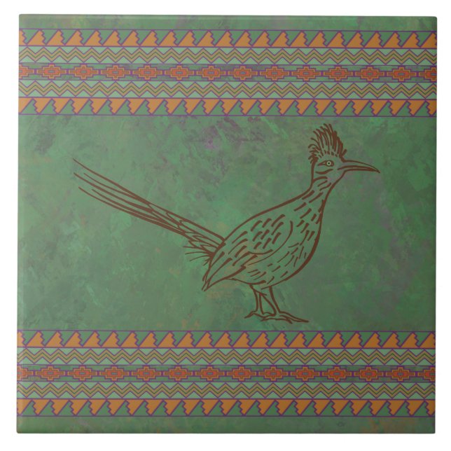 Southwest Roadrunner Sagebrush Green Ceramic Tile (Front)
