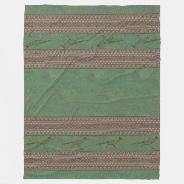 Southwest Roadrunner Sagebrush Green Fleece Blanket (Front)