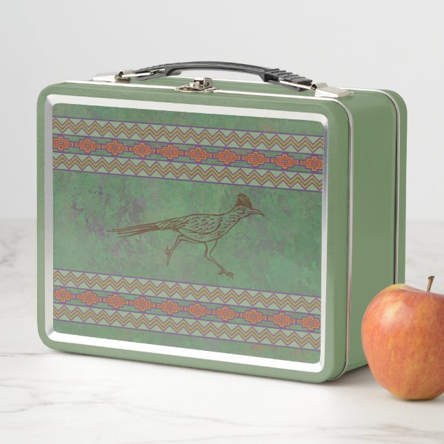 Southwest Roadrunner Sagebrush Green Metal Lunch Box (In Situ)