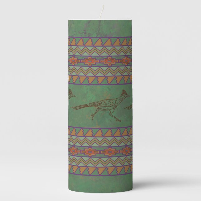 Southwest Roadrunner Sagebrush Green Pillar Candle (Front)