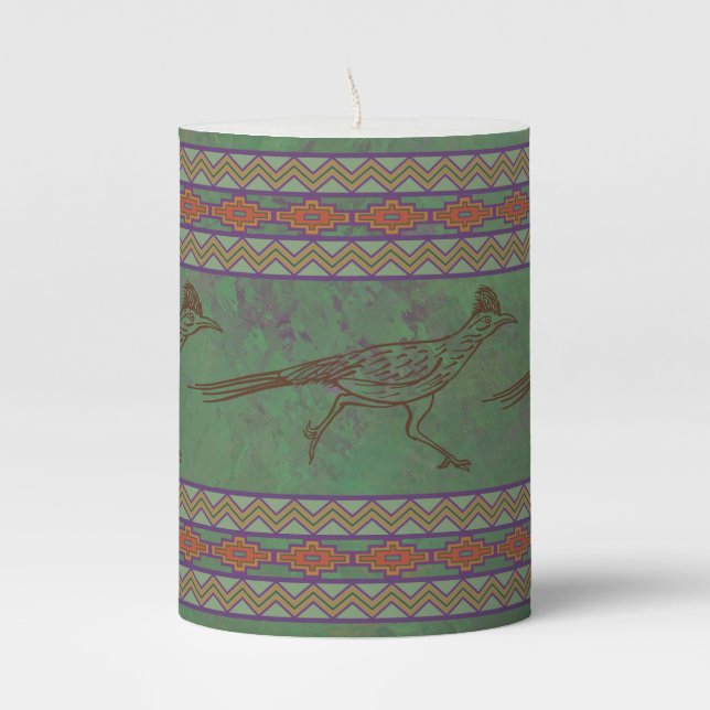 Southwest Roadrunner Sagebrush Green Pillar Candle (Front)