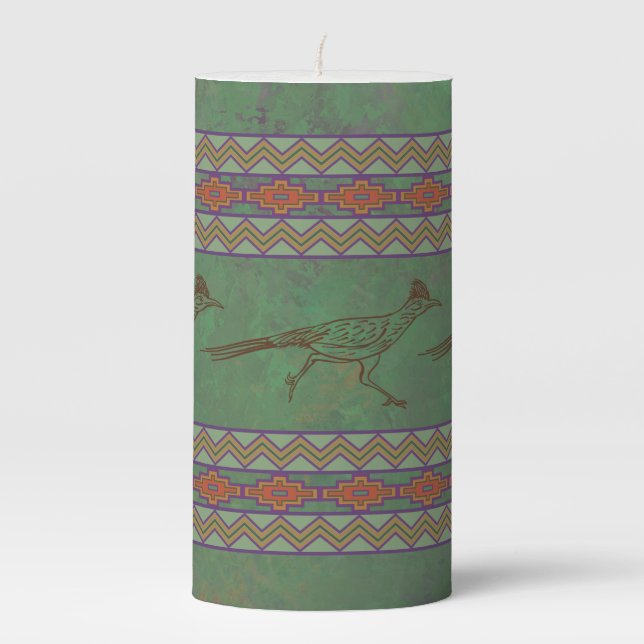 Southwest Roadrunner Sagebrush Green Pillar Candle (Front)
