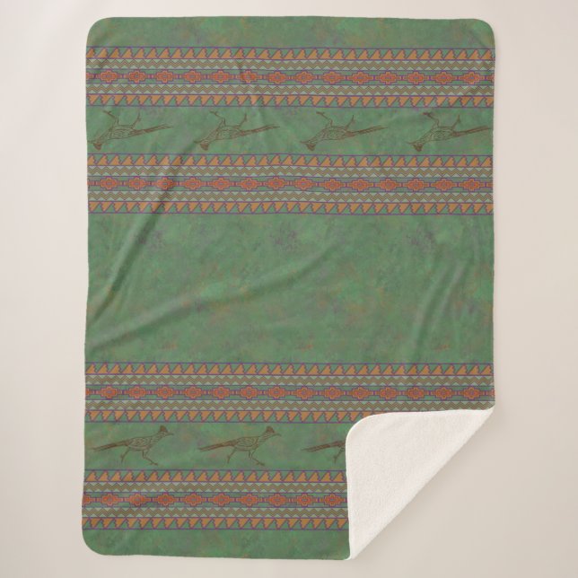 Southwest Roadrunner Sagebrush Green Sherpa Blanket (Front)