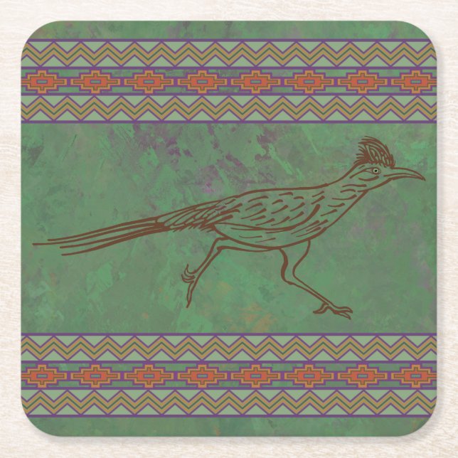 Southwest Roadrunner Sagebrush Green Square Paper Coaster (Front)