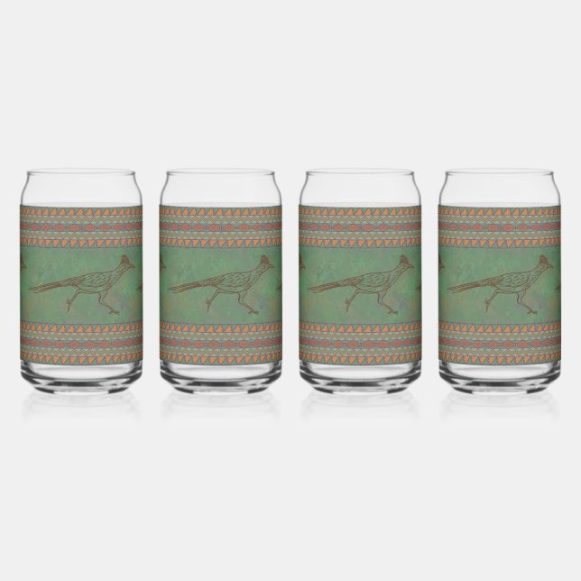 Southwest Roadrunner with Geometric Border Green Can Glass (Left)