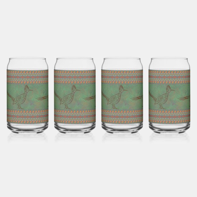Southwest Roadrunners Trio Geometric Border Green Can Glass (Front)