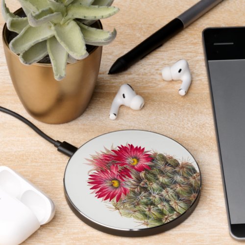 Southwest Rustic Wood Red Flower Cactus Cacti Wireless Charger